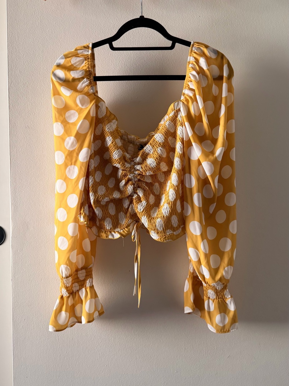 Boohoo Yellow and White Polka Dot Shirred Peasant Top